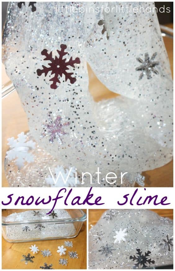 Winter MESSY PLAY! How pretty does this slime look filled with snowflakes!