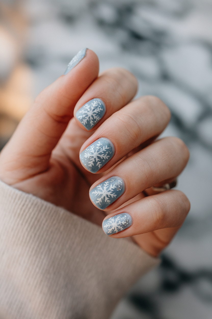 Sparkling Snowflakes – These delicate snowflake accents on a soft blue background bring a touch of winter magic to your fingertips, perfect for cozying up by the fire.