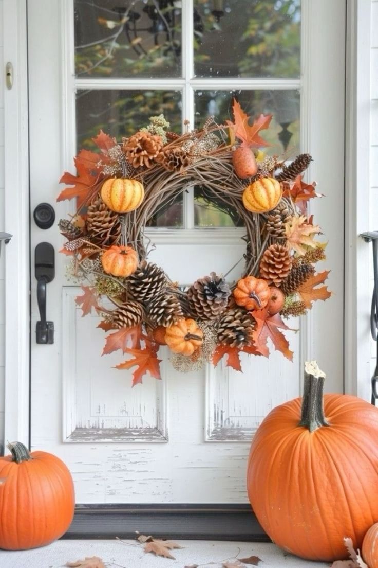 This charming fall wreath is the perfect blend of natural elements and seasonal accents, making it a lovely addition to any front door. The wreath features a rustic grapevine base, adorned with a mix of vibrant orange pumpkins, pinecones, and autumn leaves, creating a warm and inviting look. The addition of dried foliage and small gourds adds texture and depth, enhancing the overall rustic charm. Flanked by two large pumpkins at the base of the door, this setup beautifully captures the essence of the harvest season, welcoming guests with a festive, autumnal flair.