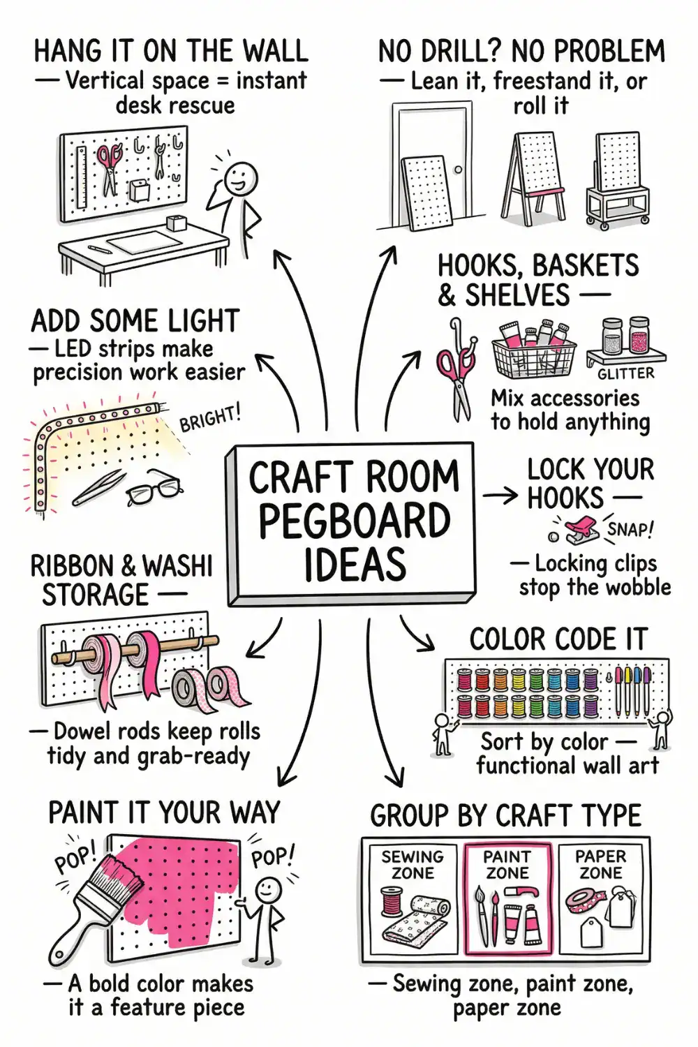Craft room pegboard ideas for every budget and space size. From mini pegboards behind a door to color-coded wall displays and portable frames you can move around, these 15+ setups will help you find every tool in seconds and reclaim your desk. Whether you sew, paint, scrapbook or do it all, there is a pegboard setup here for you. #CraftRoomIdeas #PegboardIdeas #CraftStorage #CraftRoomInspo
