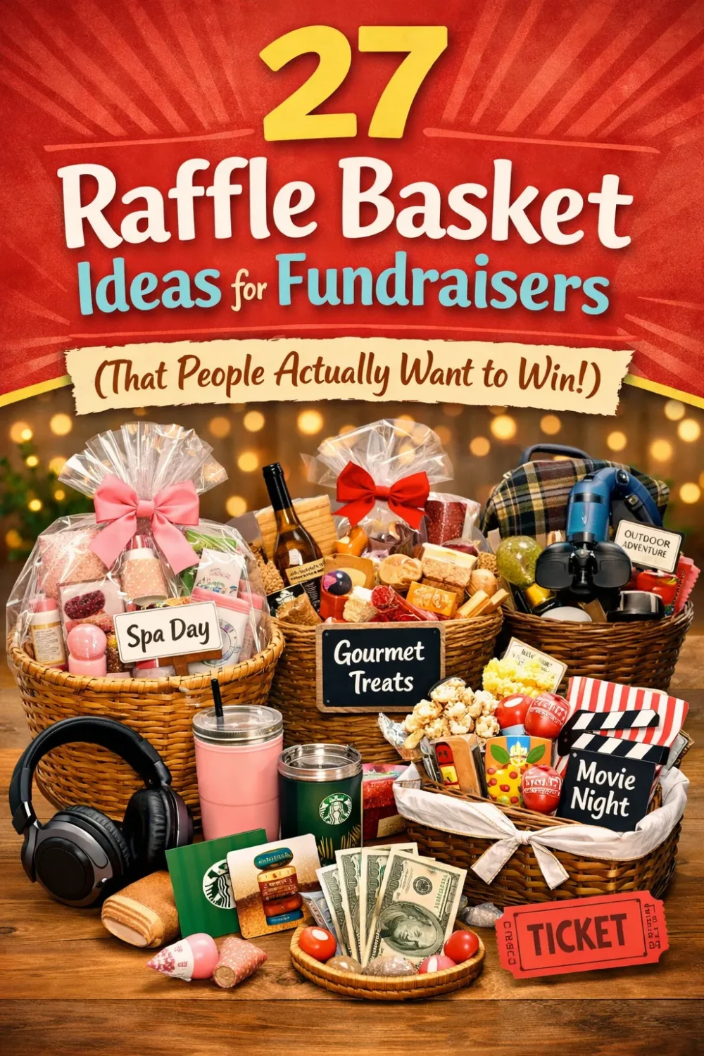 Want your fundraiser raffle to be the highlight of the night? These themed gift basket ideas are so good people will buy multiple tickets just for the chance to win. Includes 27 ideas for every budget and audience, from spa baskets and date night sets to craft liquor bundles and kids' school supplies baskets. Great for school fundraisers, silent auctions and charity events. #RaffleBasketIdeas #FundraiserIdeas #SilentAuctionIdeas #SchoolFundraiser
