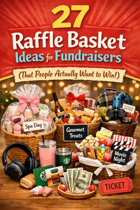 Want your fundraiser raffle to be the highlight of the night? These themed gift basket ideas are so good people will buy multiple tickets just for the chance to win. Includes 27 ideas for every budget and audience, from spa baskets and date night sets to craft liquor bundles and kids' school supplies baskets. Great for school fundraisers, silent auctions and charity events. #RaffleBasketIdeas #FundraiserIdeas #SilentAuctionIdeas #SchoolFundraiser