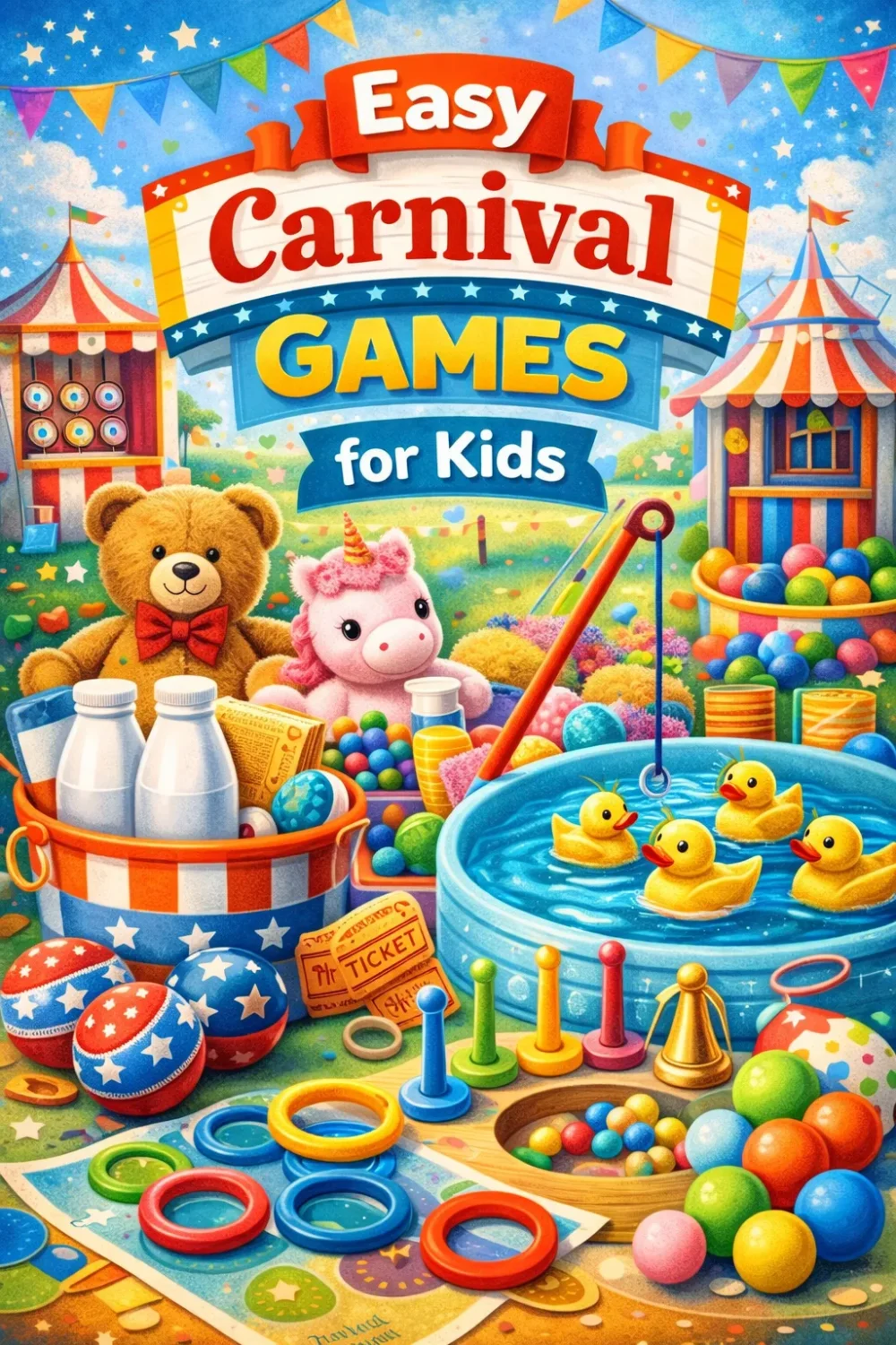 Easy carnival games for kids that are simple to set up, cheap to run, and fun for all ages. This roundup covers 20 ideas including duck pond, ring toss, bean bag toss, balloon pop, bubble chase, rubber duck race, and more. Each game includes what you need, how to play, and the best age group. Perfect for school carnivals, class parties, PTA events, and backyard bashes. #SchoolCarnivalIdeas #CarnivalGames #KidsPartyGames #SchoolFundraiser