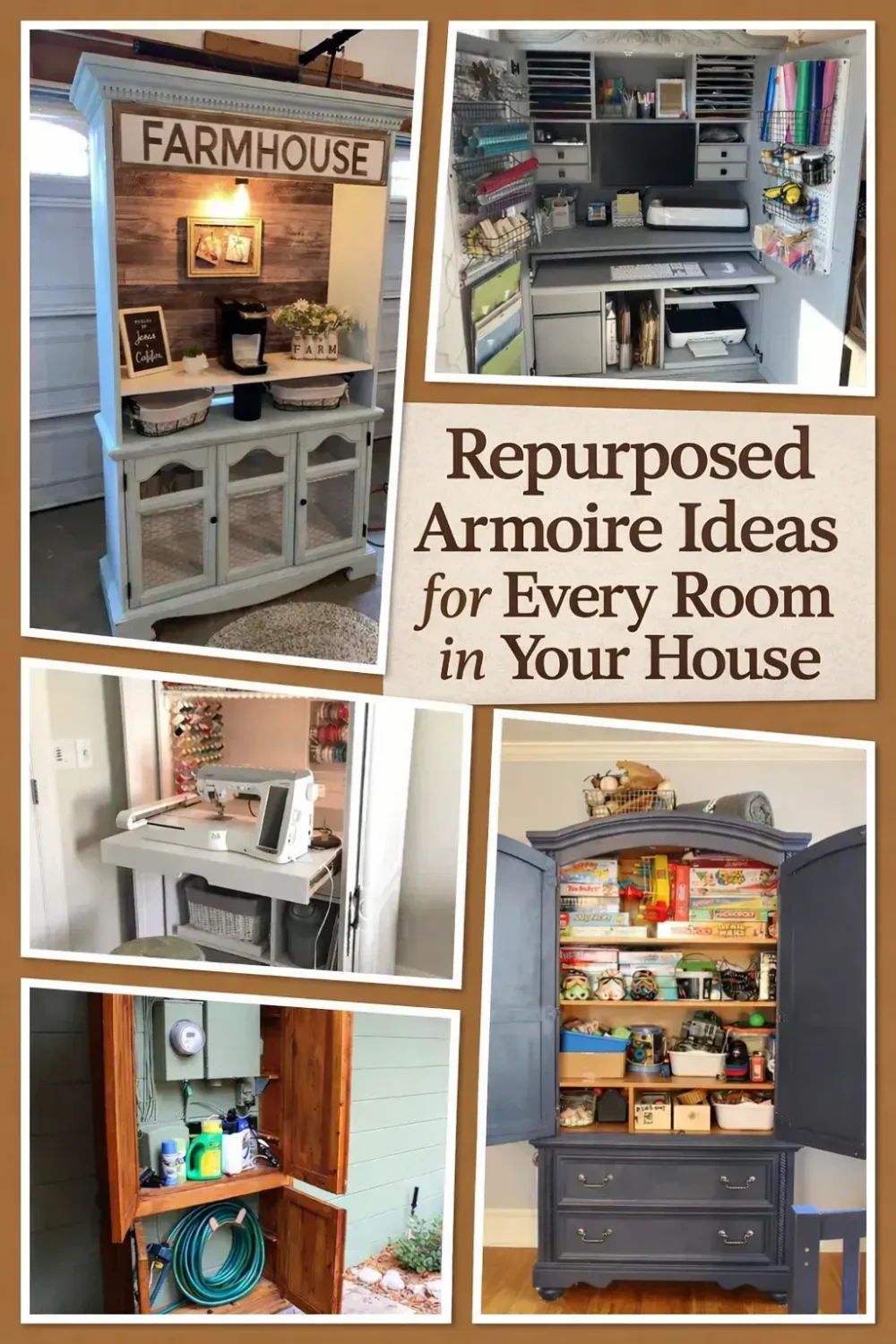Repurposed armoire ideas that will make you want to hunt down an old wardrobe this weekend! See how to turn an armoire into a farmhouse coffee bar, Cricut craft station, hideaway home office, kids art table, jewellery organiser and more. Includes DIY tips for chalk paint finishes, wallpaper interiors and hardware upgrades. Perfect for flea market lovers and upcycling fans. #RepurposedArmoire #FurnitureMakeover #UpcycledFurniture #DIYHomeDecor