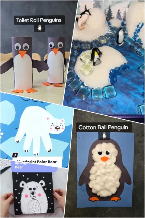Easy winter animal crafts for kids, including penguins, polar bears, sensory play, and simple science activities using everyday supplies. Perfect for preschool and early elementary.