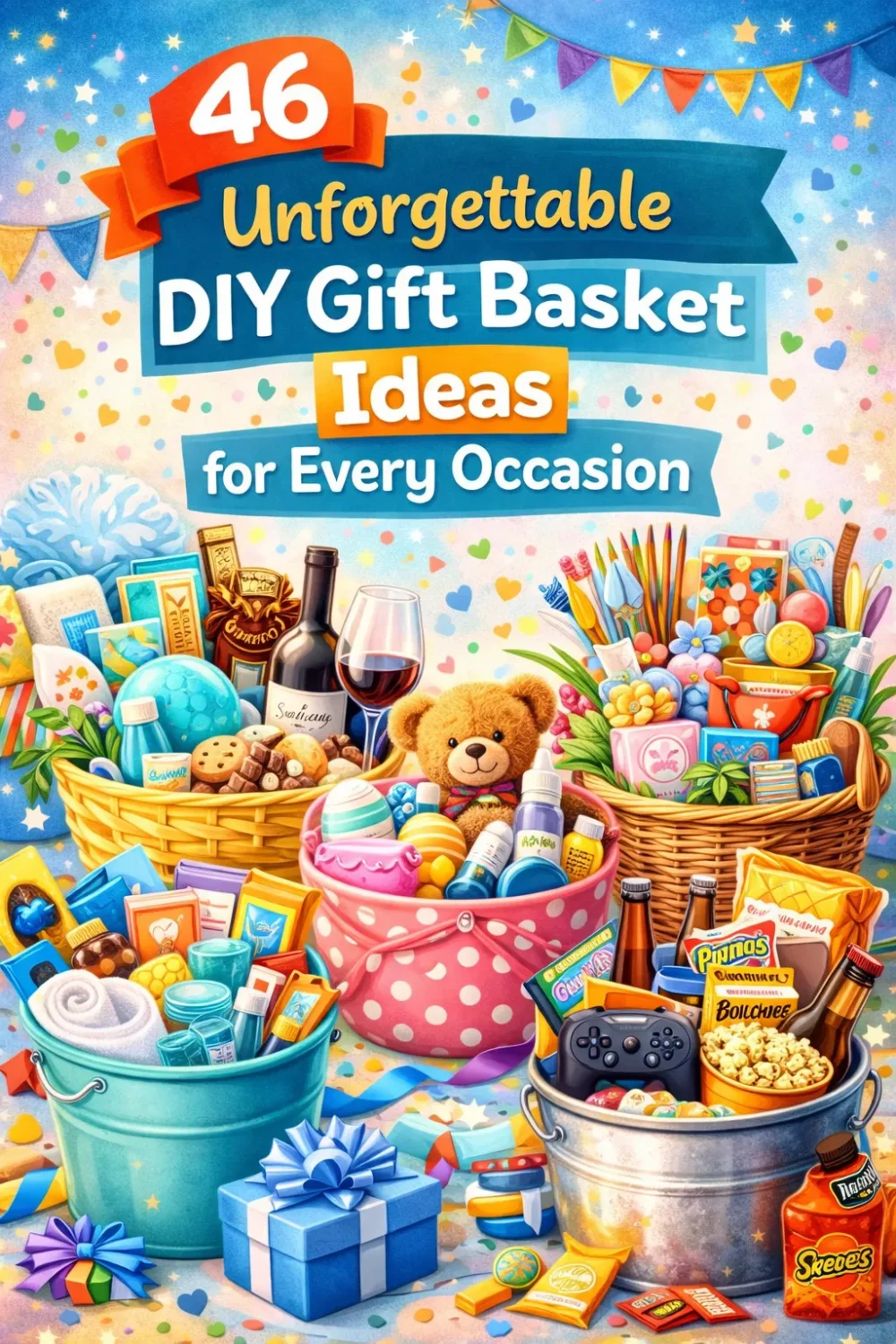 Homemade gift baskets look genuinely impressive and cost a fraction of a store-bought hamper. These 46 DIY gift basket ideas cover spa nights, baby shower gifts, teacher appreciation baskets, college survival kits, food and drink hampers, creative raffle prizes, and more. Includes tips on filler materials, alternative containers, and how to style yours like a pro. Find your perfect idea here. #GiftBasketIdeas #DIYGifts #HomemadeGifts #HomemadeGiftBasket