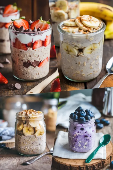 From fruity layers to chocolatey jars, these overnight oats in a jar are perfect for easy mornings. #OvernightOats #BreakfastPrep #HealthyBreakfast #OatmealJars