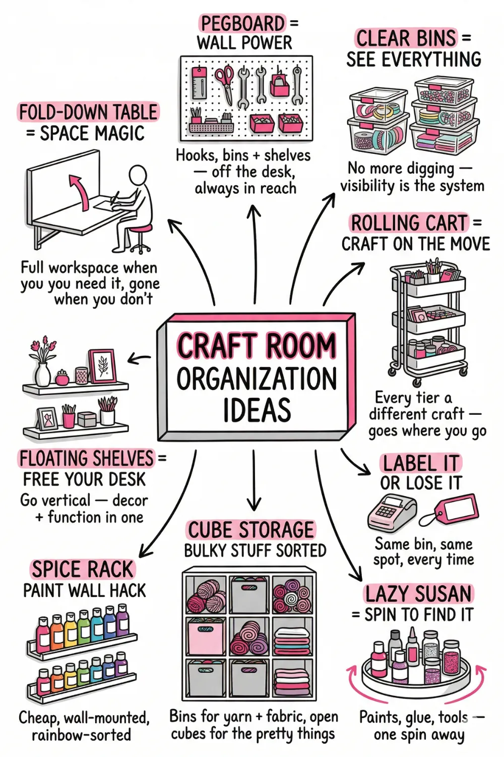 Craft room organization ideas that actually work! From pegboards and rolling carts to clear storage bins, cube organizers and DIY ribbon displays, this guide has 15 genius ways to tame the clutter and create a space you love crafting in. Works for any size room and any budget. 🎨 #CraftRoomOrganization #CraftRoomIdeas #DIYStorage #OrganizeYourHome