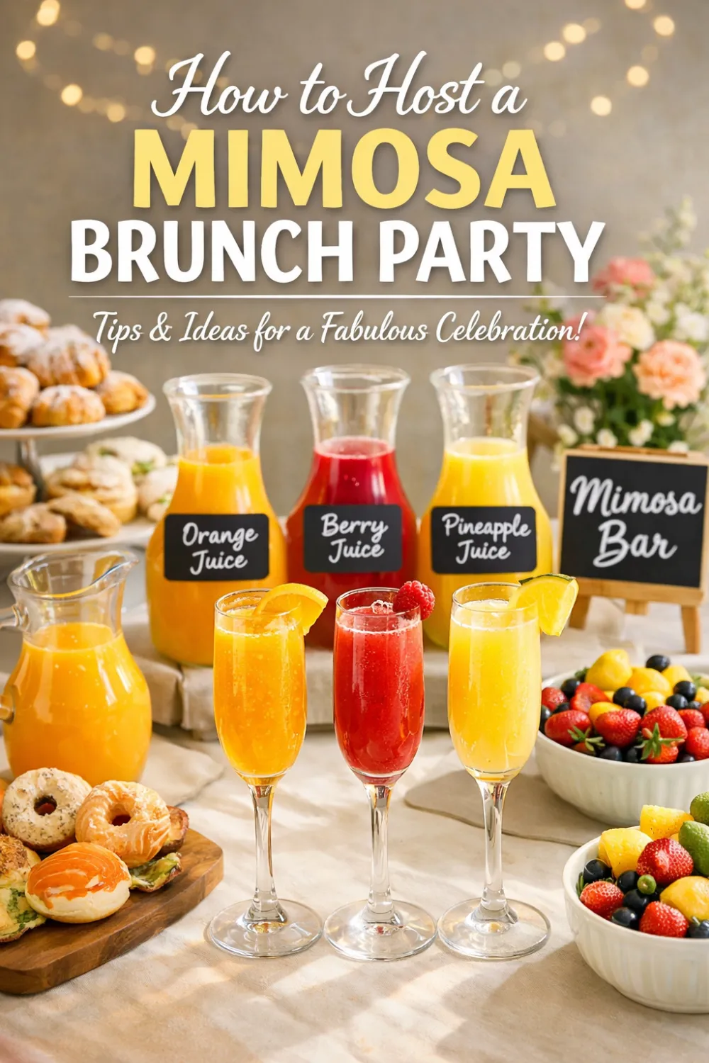 Planning a bridal shower brunch, baby shower or birthday celebration? A mimosa bar is everything! This guide covers classic mimosa recipes, bar setup tips, quantities per person, food pairings, spring brunch decor and non-alcoholic alternatives. Your guests will be talking about this brunch for weeks. 🍊🥂 #MimosaBar #BridalShowerBrunch #BrunchIdeas #SpringBrunch