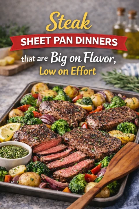Sheet pan steak recipes that taste like you made an effort — without actually making an effort. Thin cuts, bold marinades, and one pan to wash. Try Cajun steak with corn, Philly cheesesteak on a sheet pan, or a maple Dijon glaze with root vegetables. Big flavors, minimal cleanup, and dinner on the table in 30 minutes. #SteakDinners #SheetPanMeals #EasyWeeknightDinners #OnePanCooking