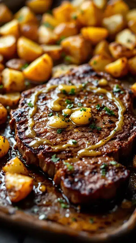 This garlic butter steak and potatoes recipe brings comfort food to the dinner table in a snap. The juicy steak pairs perfectly with crispy roasted potatoes, creating a meal that everyone will love. It's quick, easy, and packed with flavor—ideal for busy family nights!
