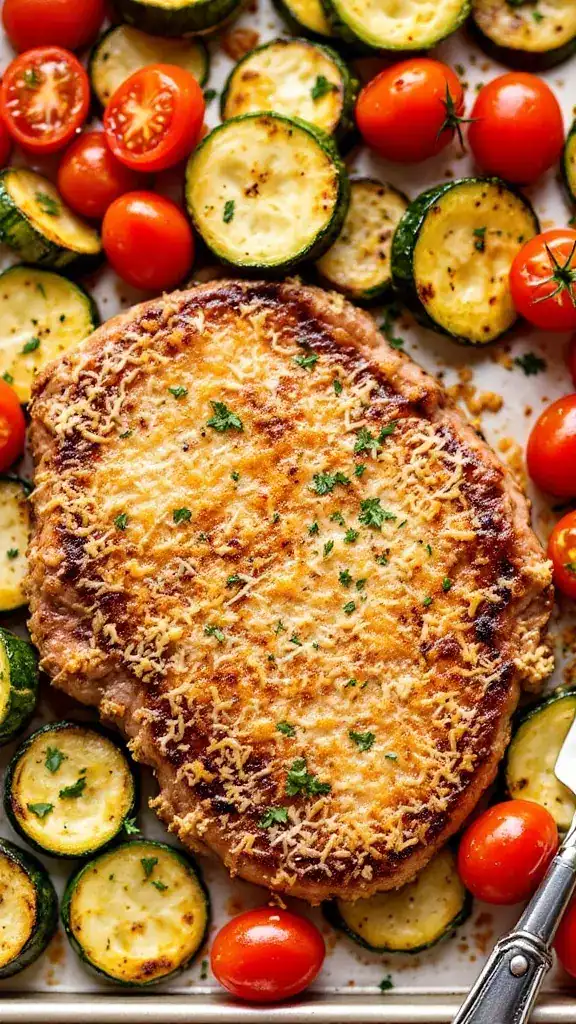 This Parmesan crusted steak is a real treat for family mealtimes. The juicy steak pairs perfectly with tender roasted zucchini and cherry tomatoes, creating a colorful and delicious dish. It's easy to prepare on a sheet pan, making clean-up a breeze!
