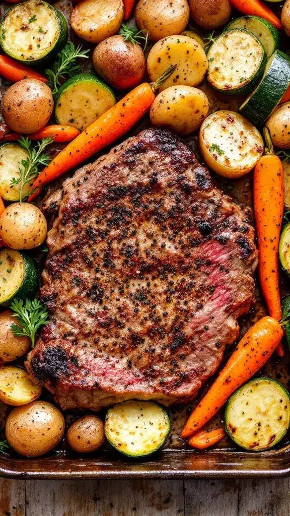 This peppercorn crusted steak pairs perfectly with roasted veggies for a simple family dinner. The steak is juicy and flavorful, while the veggies add a fresh crunch to each bite. It's an easy, one-pan meal that everyone will love!