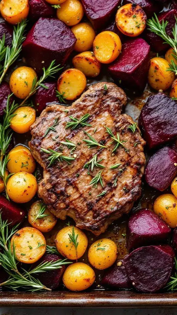 This rosemary garlic steak paired with roasted beets and baby potatoes is a delight for the taste buds. It's an easy sheet pan dinner that brings together juicy steak and earthy flavors in one dish. Perfect for family mealtimes, it's sure to become a favorite!