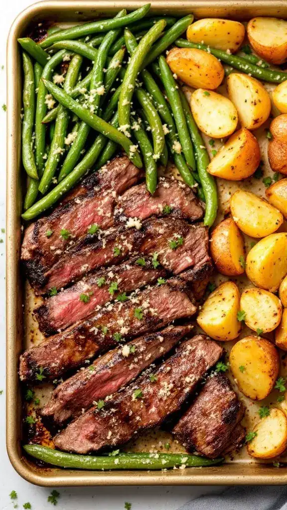 This dish combines juicy steak with garlic parmesan green beans for a perfect family meal. The green beans add a nice crunch and flavor that pairs wonderfully with the tender steak. It's an easy sheet pan dinner that everyone will love!