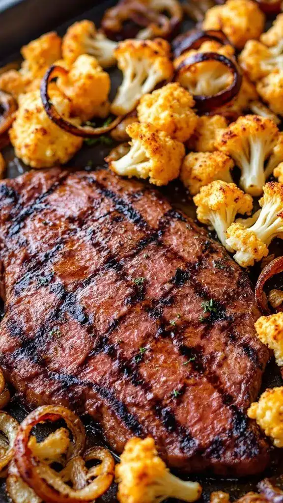 This dish brings together juicy steak and roasted cauliflower for a tasty meal. The smoked paprika adds a warm flavor that complements the steak perfectly. Easy to make on a sheet pan, it's great for family dinners!