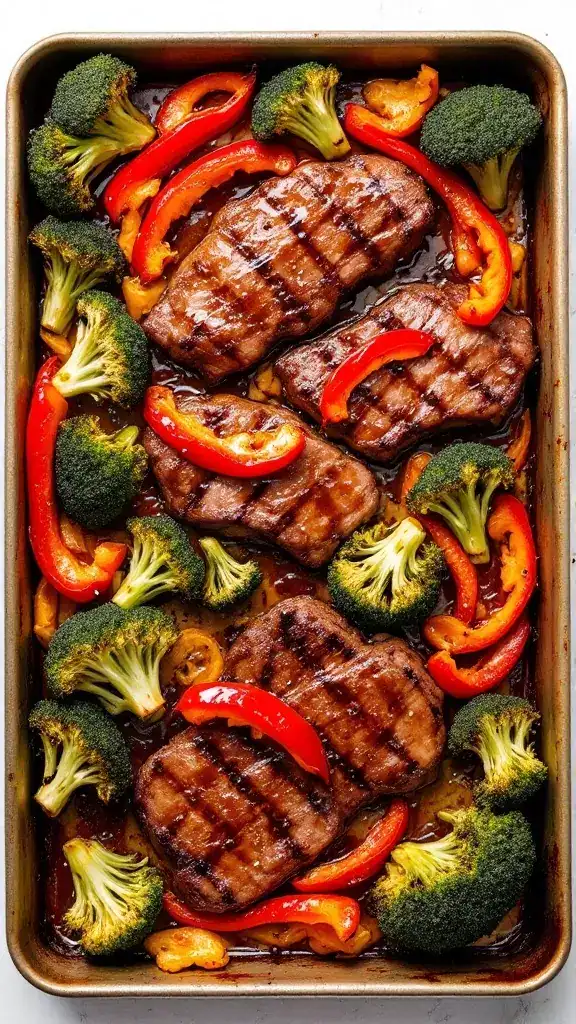 This Teriyaki Steak and Broccoli sheet pan dinner is a hit for busy family nights. The juicy steak pairs perfectly with crisp broccoli and sweet bell peppers, all drizzled with tasty teriyaki sauce. It's easy to make and clean up, making mealtime stress-free and delicious!