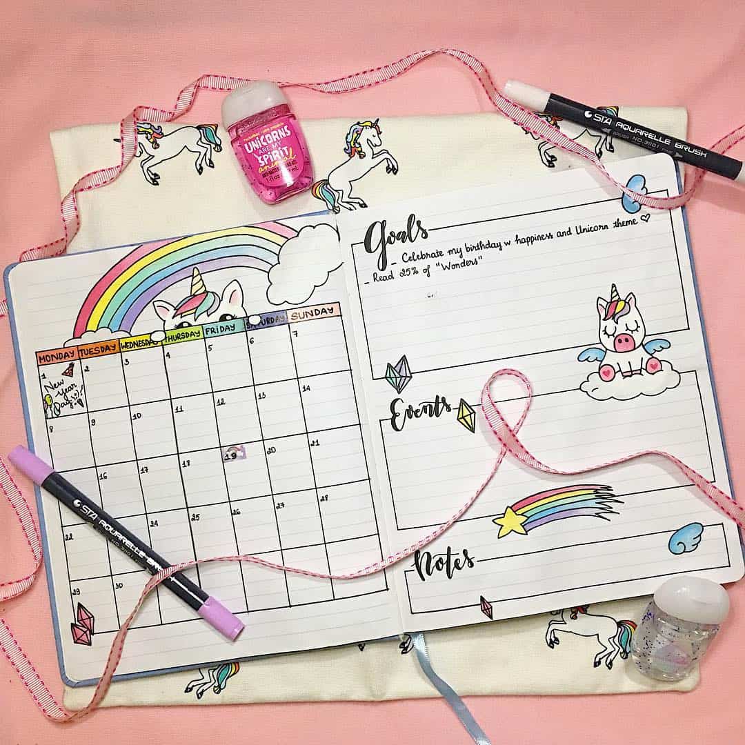 Unicorn Monthly Spread Bullet Journal