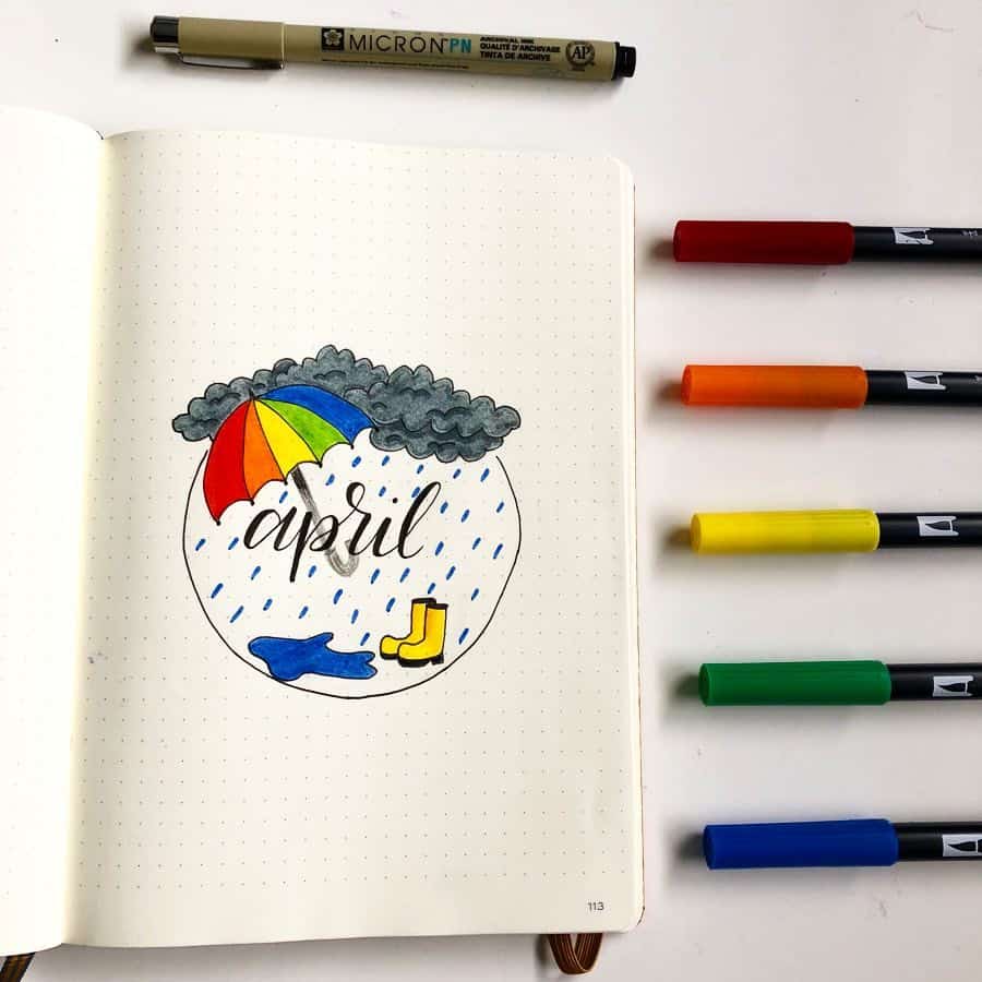 A photo of an Bullet Journal cover page for April which has a rain cloud and rubber boots and a rainbow coloured umbrella.