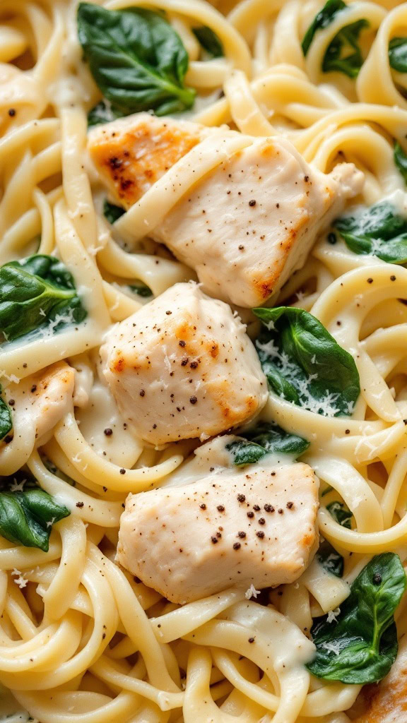 This creamy Chicken Spinach Alfredo is a quick and tasty dinner option. In just 30 minutes, you can enjoy tender chicken and fresh spinach tossed with fettuccine noodles and a rich Alfredo sauce. Check out this delicious recipe here for a meal that your family will love!