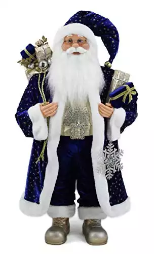 Windy Hill Collection 36" Inch Standing Blue, Gold, Silver Snowflake, Presents Grand Santa Claus Christmas Figurine Figure Decoration 369100