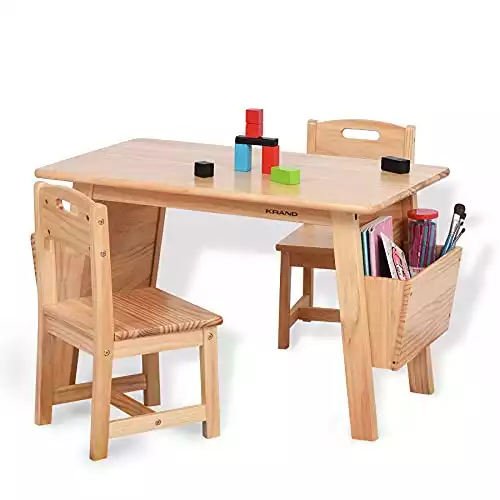 Kids Solid Wood Table and 2 Chair Set with Storage Desk and Chair Set for Children Toddler Activity Table (Solid Wood/Natural)