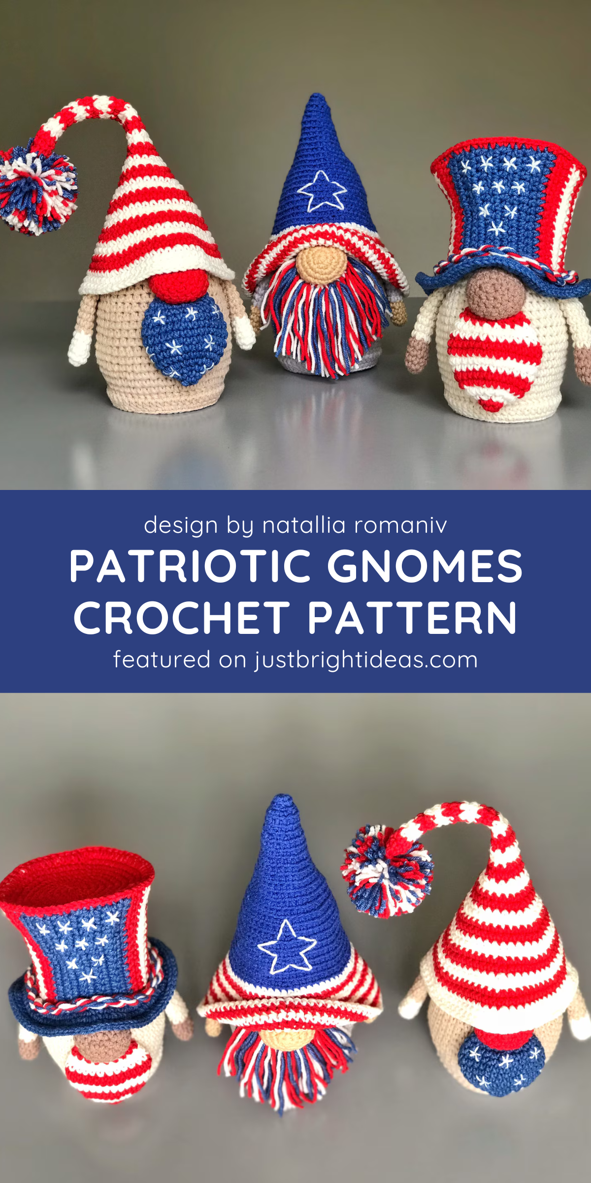 🇺🇸👀 "These three adorable gnomes are ready to bring some patriotic charm to your home! Dressed in red, white, and blue, they're the perfect festive decor." 🎨✨
📲 See the post for the pattern details! 🔗