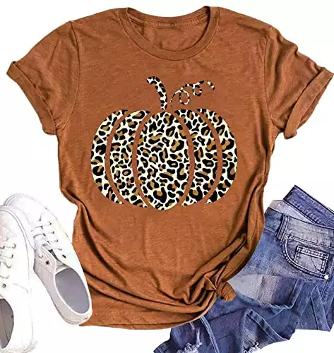 Halloween Pumpkin Shirt Women Leopard Graphic Tees Short Sleeve Fall T-Shirt Thanksgiving Gift Tops