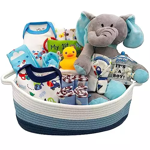 Nikki s Gift Baskets Bundle of Joy Deluxe Baby Boy Gift Set with 20-Piece Newborn Essentials, Medium Baby Gift Basket Kit for Expecting Moms, Blue