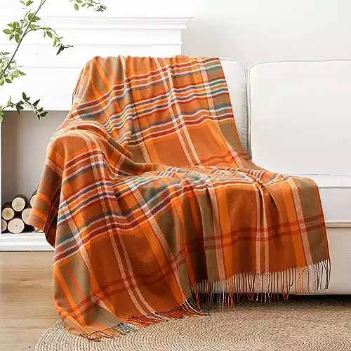 Orange Plaid Throw Blanket for Couch