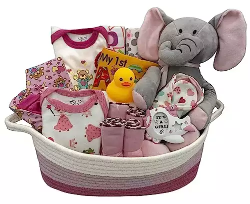 Nikki's Gift Baskets Bundle of Joy Deluxe Baby Girl Gift Set with 20-Piece Newborn Essentials, Medium Baby Gift Basket Kit for Expecting Moms, Pink