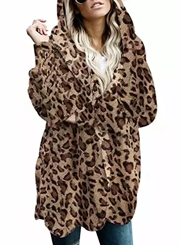 Leopard Print Fuzzy Fleece Open Front Hooded Cardigan