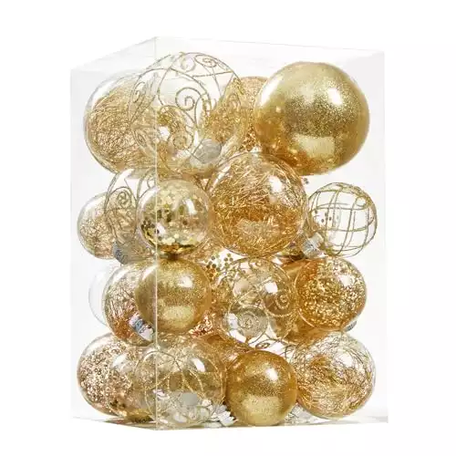 Wironlst Christmas Ball Ornaments Shatterproof Clear Large Plastic Hanging Ball Decorative Baubles Set with Stuffed Delicate Decorations (Multi-Size, Gold)