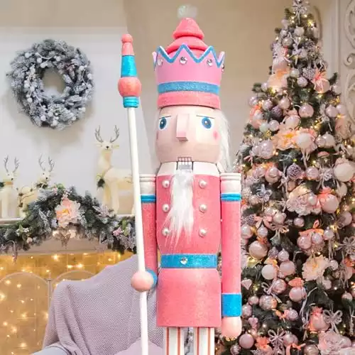 ECOM-CDL 4feet/120cm Pastel Pink Glitter Giant Wooden Nutcracker King (4 feet, Pastel Pink k36)