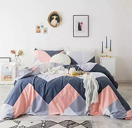 YuHeGuoJi Blue Striped Duvet Cover Queen 100% Cotton Pink Navy Duvet Cover 3 Pcs Set 1 Modern Geometric Duvet Cover with Zipper Ties 2 Pillowcases Neutral Peach Chevron Patterned Bedding Set Soft