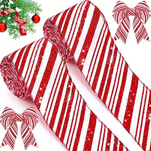 2 Rolls 20 Yards Red and White Striped Ribbons, 2.5 Inch Wide - Candy Cane Glitter Ribbons for Christmas Tree and Gift Wrapping