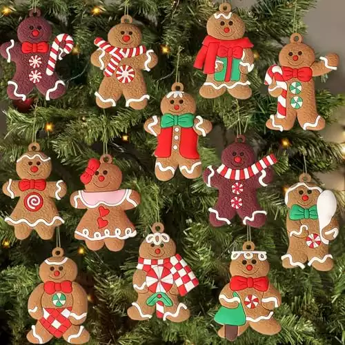 12pcs Gingerbread Man Ornaments for Christmas Tree, Assorted Plastic Gingerbread Figurines Ornaments, Christmas Tree Hanging Decorations, 3 Inch Tall