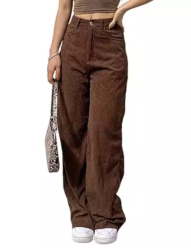 Women's Vintage Corduroy High Elastic Waist Wide Leg Pocketed Pants Trouser