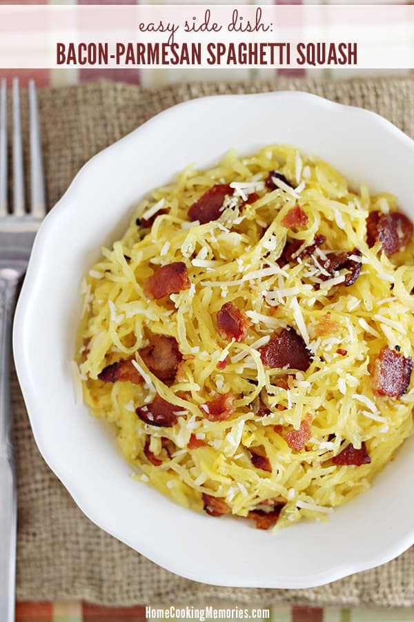 This Bacon-Parmasan Spaghetti Squash recipe is a really easy side dish to serve alongside your Thanksgiving dinner.