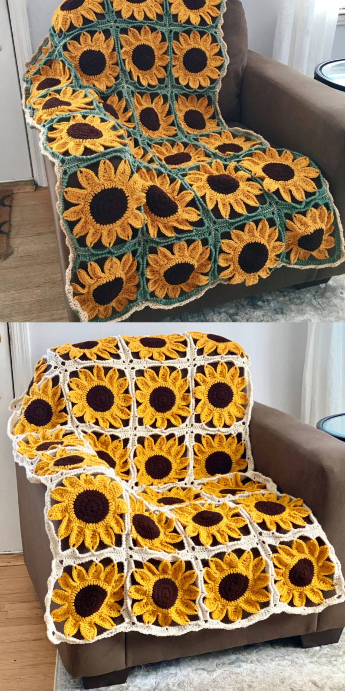 This cozy crochet sunflower blanket is made up of colorful squares featuring bright, textured blooms. It’s a beautiful project that’s sure to make you smile every time you snuggle up.