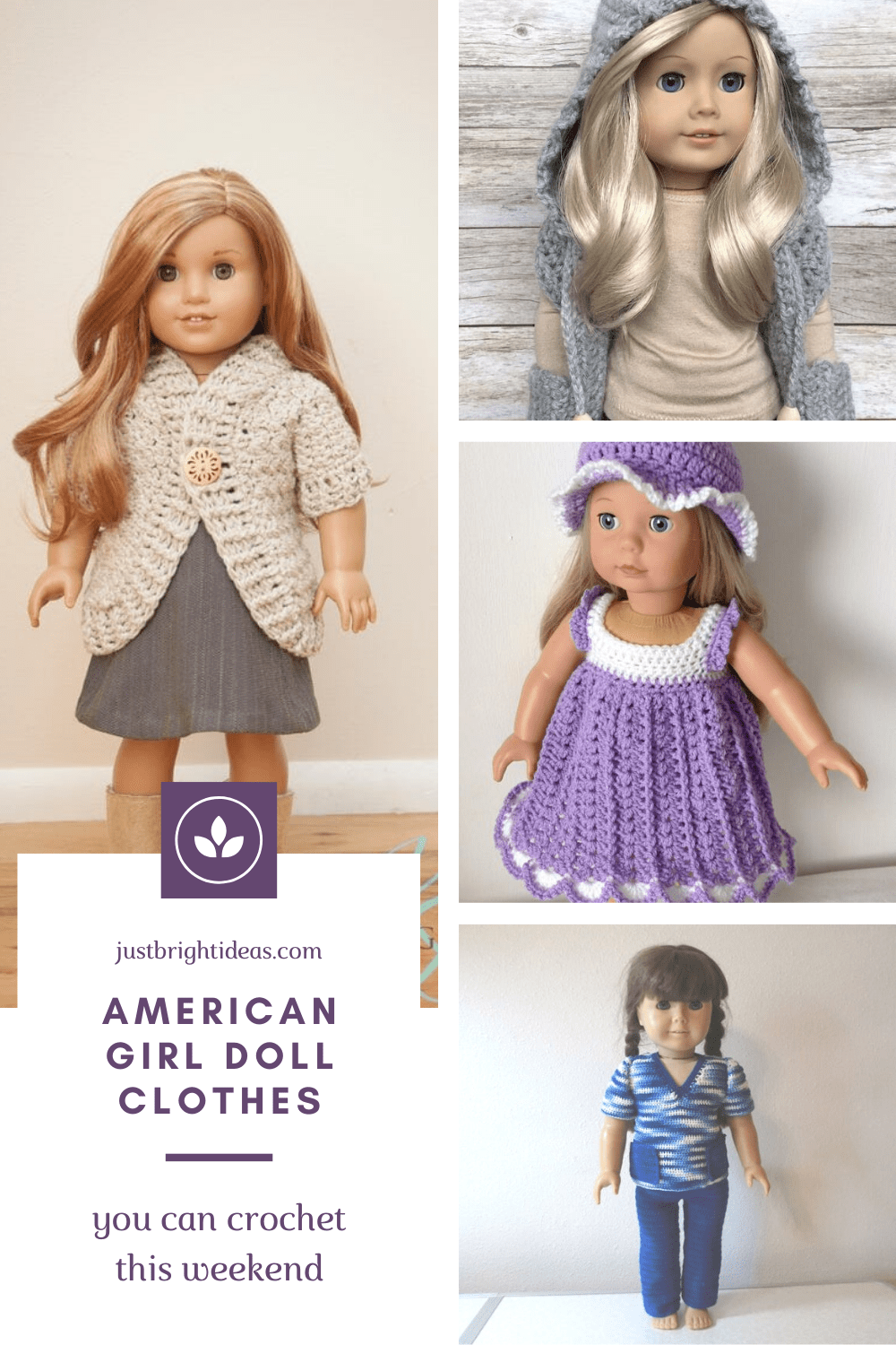 The cute crochet patterns can be used to make outfits for your American Girl or other 18 inch doll. Everything from bathing suits to wedding dresses!