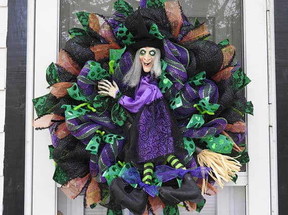 Handmade XL 50" Deco Mesh Witch Wreath Posable Legs Hat Halloween Door Decor 