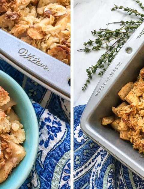 Discover the perfect balance of sweet and savory in this gluten and refined sugar-free dessert! ? Fresh thyme elevates the classic apple crisp to a whole new level. ?? #DeliciousDessert #GlutenFreeBaking