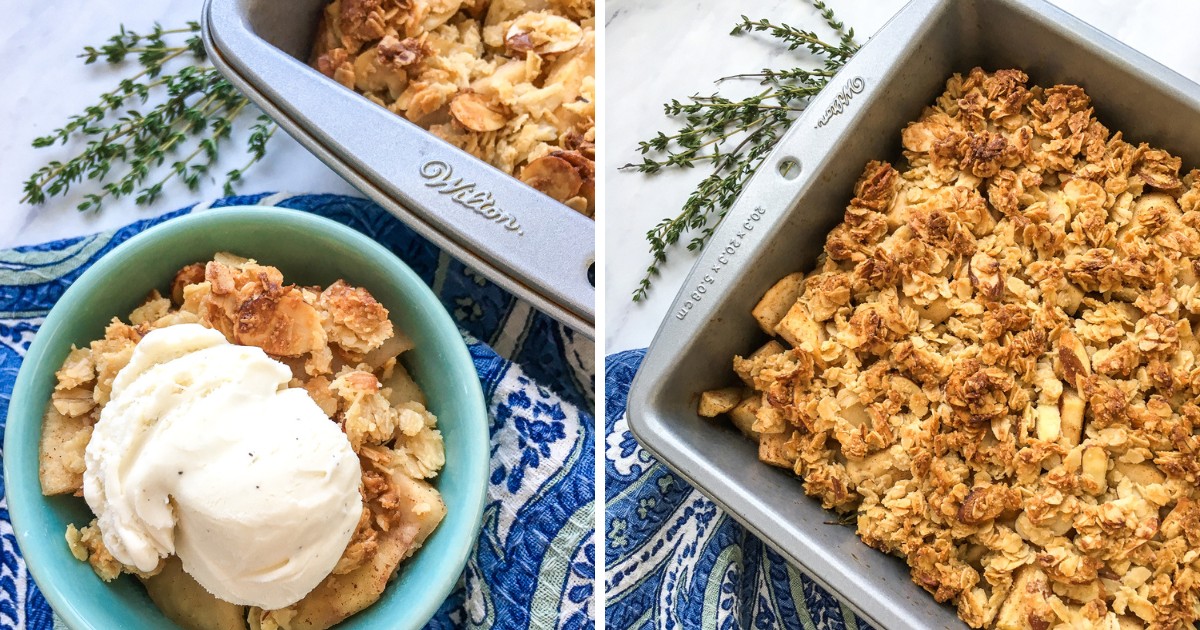 Discover the perfect balance of sweet and savory in this gluten and refined sugar-free dessert! 🍎 Fresh thyme elevates the classic apple crisp to a whole new level. 🥄🌿 #DeliciousDessert #GlutenFreeBaking