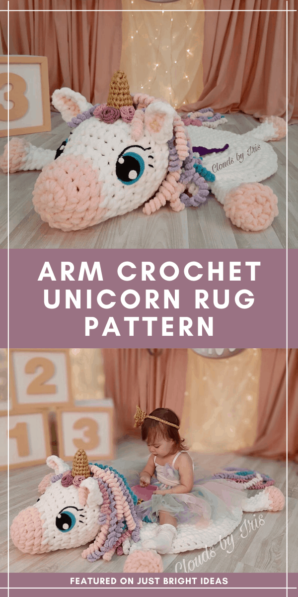 Oh my! Did you ever see anything so magical as this unicorn rug? It's perfect for your nursery or play room - and it's a relaxing arm crochet project!