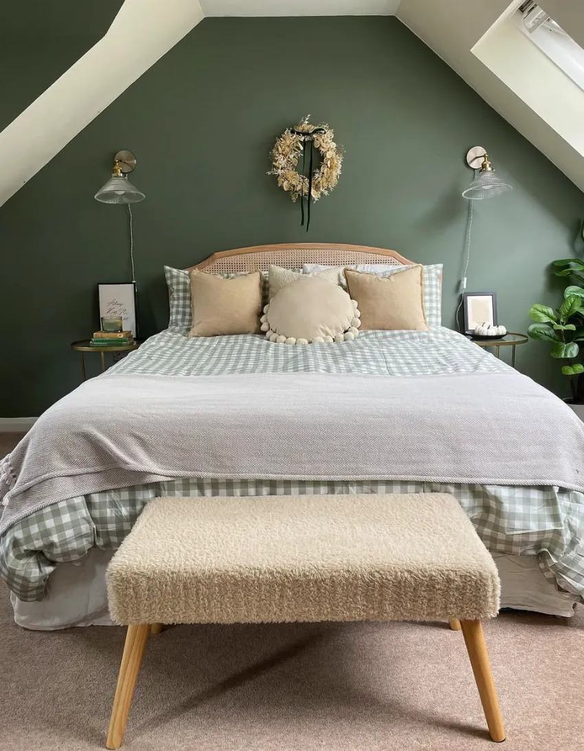 Earthy Green RetreatThis attic bedroom exudes warmth with its soft green accent wall, gingham bedding, and neutral throw pillows. The cozy upholstered bench adds both style and functionality, while the dried floral wreath brings a touch of natural charm.