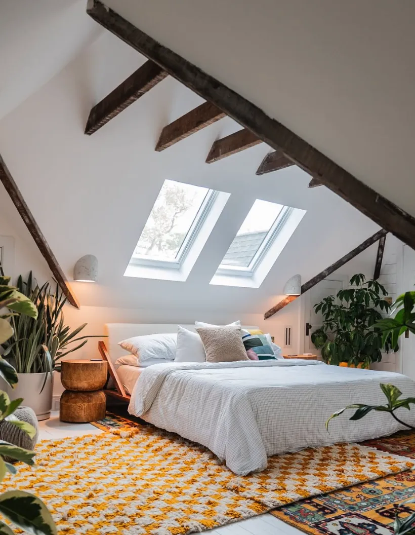 Nature-Inspired SerenityBright skylights and lush greenery infuse this space with natural light and a fresh, organic vibe. The contrast of warm wood beams with pops of green decor adds life to this modern yet cozy guest bedroom.