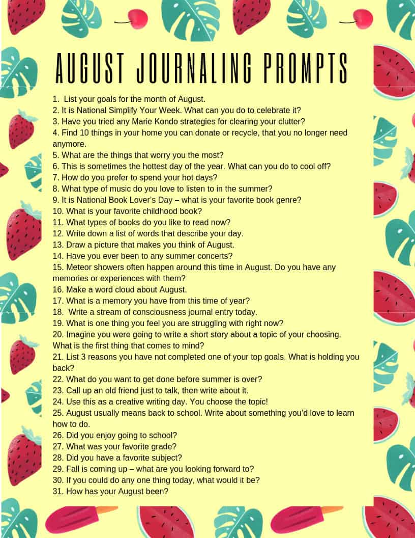Download this August journaling prompts printable and stick it in your BUJO for summer writing inspiration! #bulletjournal #journal #journalprompts
