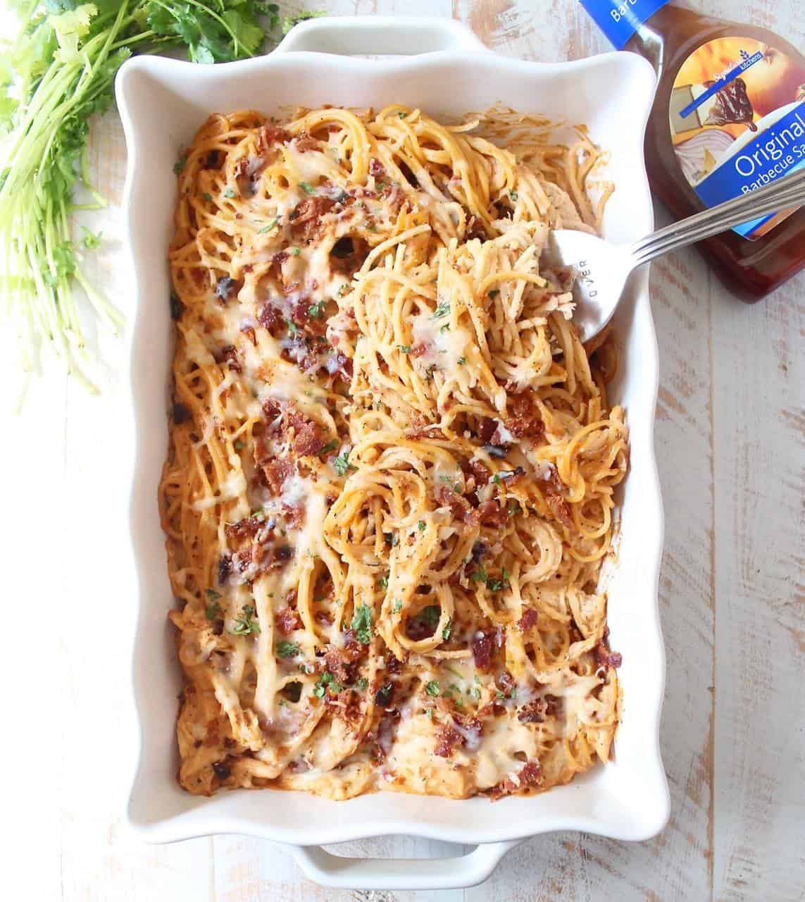 Baked Spaghetti with BBQ Chicken & Bacon<
