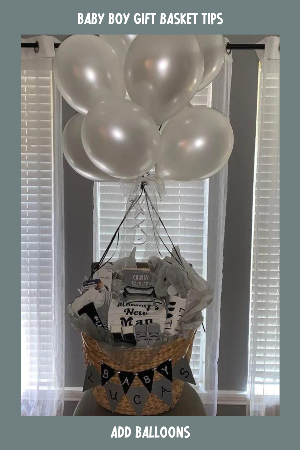 Balloon gift baskets are always a hit! This elegant arrangement features a neutral-toned basket filled with baby clothes and accessories, topped off with a cluster of silver balloons for that extra "wow" factor.